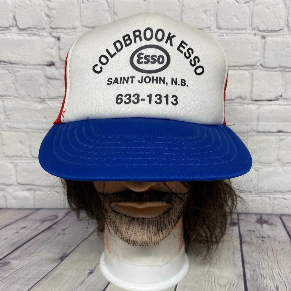 Vintage Trucker Hat Mesh Cap Snapback Red White & Blue Cold Brook ESSO FSJ N.B.